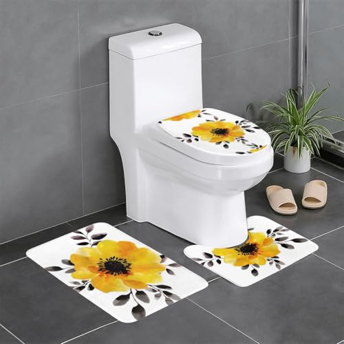 Fgwaauh Badezimmerteppich-Set, gelbe Blume, rutschfest, weich, U-förmig, WC für Badezimmer, Badewanne, Dusche, 3-teilig von Fgwaauh
