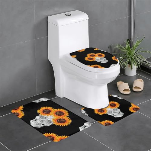 Fgwaauh Badezimmerteppich-Set mit Sonnenblumen-Motiv, Halloween-Totenkopf-Design, rutschfest, weich, U-förmig, WC für Badezimmer, Badewanne, Dusche Fgwaauh Badezimmerteppich-Set mit Sonnenblumen-Motiv, Halloween-Totenkopf-Design, rutschfest, weich, U-förmig, WC für Badezimmer, Badewanne, Dusche von Fgwaauh
