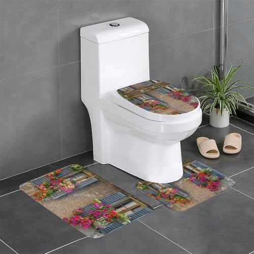 Fgwaauh Badezimmerteppich-Set mit roten Blumen, rutschfest, weiche Teppichmatten, U-förmige Toilette für Badezimmer, Badewanne, Dusche von Fgwaauh