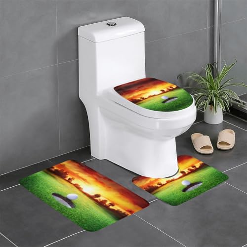 Fgwaauh Badteppich-Set, Motiv: Golfball, Sonnenuntergang, Baum, rutschfest, weich, U-förmig, WC für Badezimmer, Badewanne, Dusche von Fgwaauh