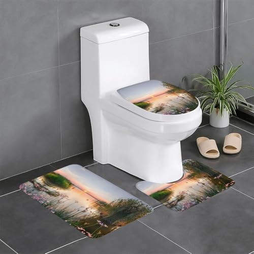 Fgwaauh Badteppich-Set mit Seeblick mit Blumen und Blättern, rutschfeste, weiche Teppichmatten, U-förmige Toilette für Badezimmer, Badewanne, Dusche von Fgwaauh