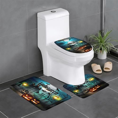 Fgwaauh Eule Kürbis Happy Halloween Badezimmerteppich-Set 3-teilig, rutschfeste weiche Teppichmatten, U-förmige Toilette für Badezimmer, Badewanne, Dusche von Fgwaauh