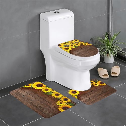 Fgwaauh Holzbrett Sonnenblume Blume Badezimmerteppich Matte Set 3 Stück rutschfeste weiche Teppichmatten U-förmige Toilette für Badezimmer, Badewanne, Dusche Fgwaauh Holzbrett Sonnenblume Blume Badezimmerteppich Matte Set 3 Stück rutschfeste weiche Teppichmatten U-förmige Toilette für Badezimmer, Badewanne, Dusche von Fgwaauh