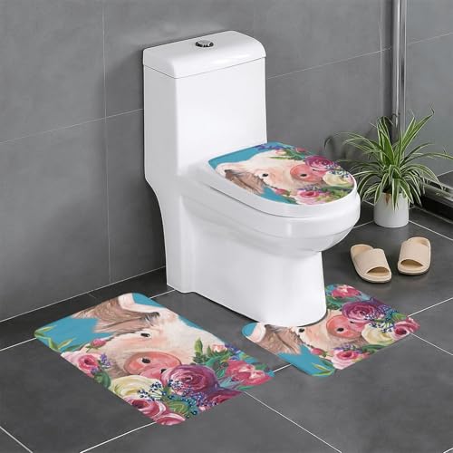 Fgwaauh Malerei Blume Schwein Badezimmerteppich-Set 3-teilig, rutschfeste weiche Teppichmatten, U-förmige Toilette für Badezimmer, Badewanne, Dusche von Fgwaauh