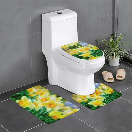 Fgwaauh Narzissen-Blumen-Badezimmerteppich-Set, 3-teilig, rutschfeste, weiche Teppichmatten, U-förmige Toilette für Badezimmer, Badewanne, Dusche von Fgwaauh