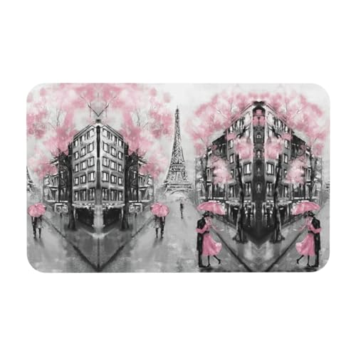 Fgwaauh Paris Street Eiffelturm Rosa Blumen Kieselgur Duschmatte, rutschfest, super saugfähig, schnell trocknend, Badezimmer-Bodenmatte von Fgwaauh