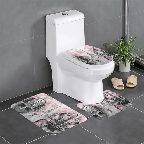 Fgwaauh Paris Street Eiffelturm rosa Blumen-Badezimmerteppich-Set, 3-teilig, rutschfeste, weiche Teppichmatten, U-förmige Toilette für Badezimmer, Badewanne, Dusche von Fgwaauh