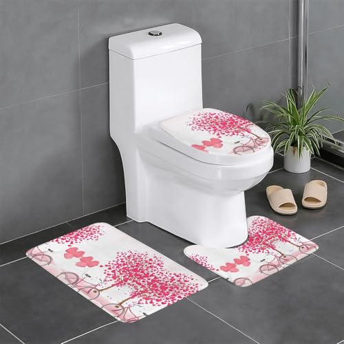Fgwaauh Romantischer Badezimmerteppich mit Herzen, Bäume, 3-teilig, rutschfest, weich, U-förmig, WC für Badezimmer, Badewanne, Dusche von Fgwaauh