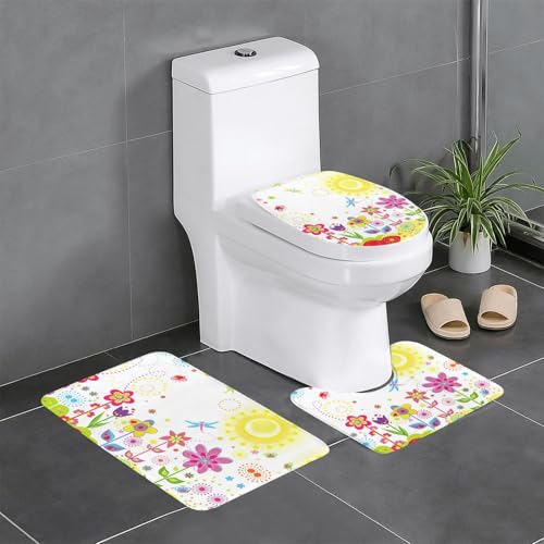 Fgwaauh Sun Butterflies Libelle Blumen Kinderzimmer Badezimmerteppich-Set 3-teilig, rutschfeste, weiche Teppichmatten, U-förmige Toilette für Badezimmer, Badewanne, Dusche von Fgwaauh
