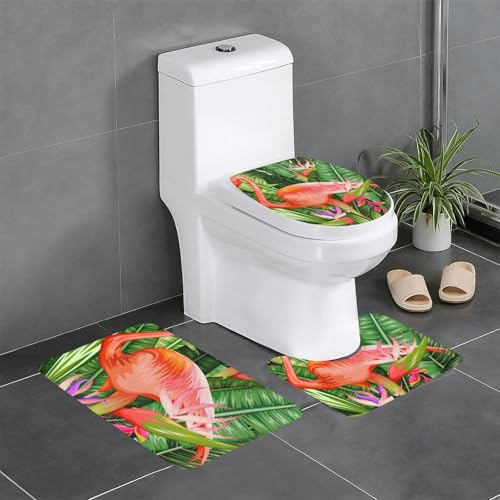 Fgwaauh Tropischer Flamingo Badezimmerteppich-Set 3-teilig, rutschfeste weiche Teppichmatten, U-förmige Toilette für Badezimmer, Badewanne, Dusche von Fgwaauh