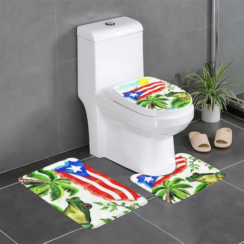 Puerto Rico Flagge, Frosch, Palmen, Badezimmerteppich, Matten-Set, 3-teilig, rutschfest, weiche Teppichmatten, U-förmige Toilette für Badezimmer, Badewanne, Dusche Puerto Rico Flagge, Frosch, Palmen, Badezimmerteppich, Matten-Set, 3-teilig, rutschfest, weiche Teppichmatten, U-förmige Toilette für Badezimmer, Badewanne, Dusche von Fgwaauh