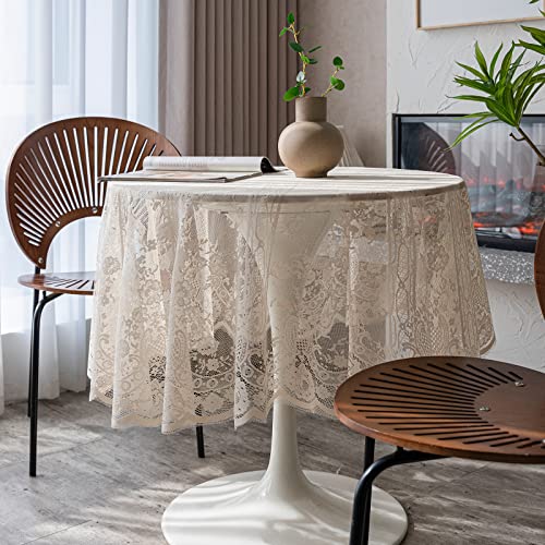 Beige Spitze Tischdecke Bestickt Elegante Blumenmuster Tischtuch Runde Overlay Tischdecke für Hochzeit Party Urlaub Lange Abendessen Home Decor (Rund-150CM/60, Beige) von Fhberni