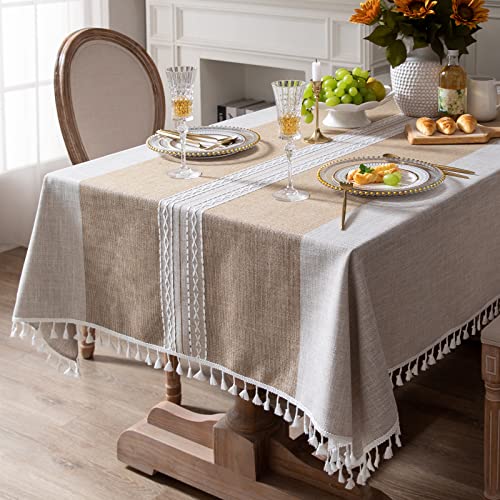 Bestickte rechteckige Tischdecke Kariert Rustikal Knitterfrei Stoff Tischdecke für Küche Essen Party Urlaub, Braun gestreift, 140 x 220 cm von Fhberni