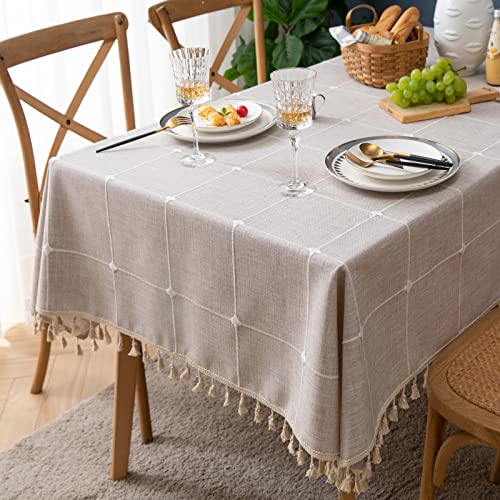 Bestickte rechteckige Tischdecke Kariert Rustikal Knitterfrei Stoff Tischdecke für Küche Essen Party Urlaub, Braun kariert, 140 x 260 cm von Fhberni