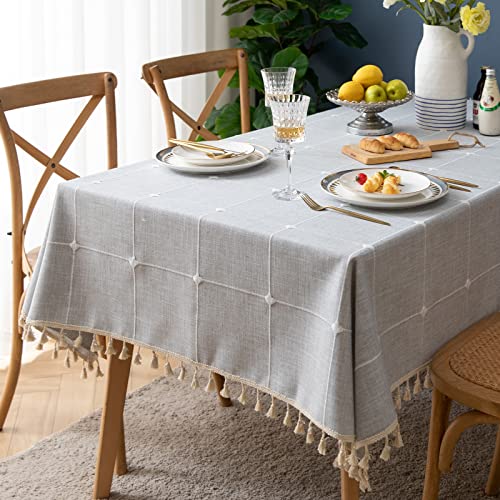 Bestickte rechteckige Tischdecke Kariert Rustikal Knitterfrei Stoff Tischdecke für Küche Essen Party Urlaub, Grau kariert, 140 x 180 cm von Fhberni