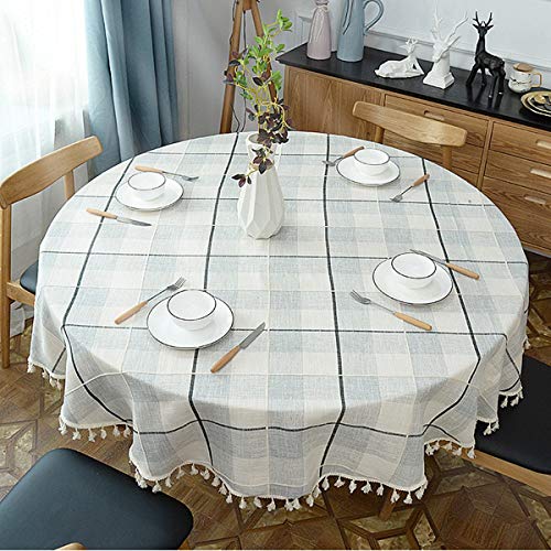 Runde Quaste Plaid Tischdecke, Heavy Weight Baumwolle Leinen Stoff Tischdecke für Küche, Essen, Tischdekoration, Weiß & Grau, 120 cm Rund von Fhberni