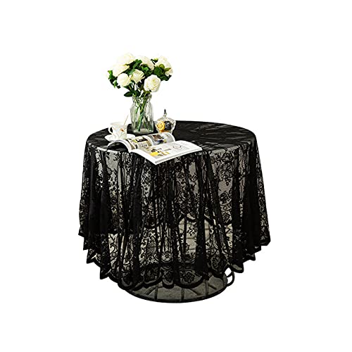 Schwarze Spitze Tischdecke Gestickt Elegante Florale Muster Tischtuch Runde Overlay Tischdecke für Hochzeit Party Urlaub Lange Abendessen Home Decor (Rund-150CM/60, Schwarz) von Fhberni