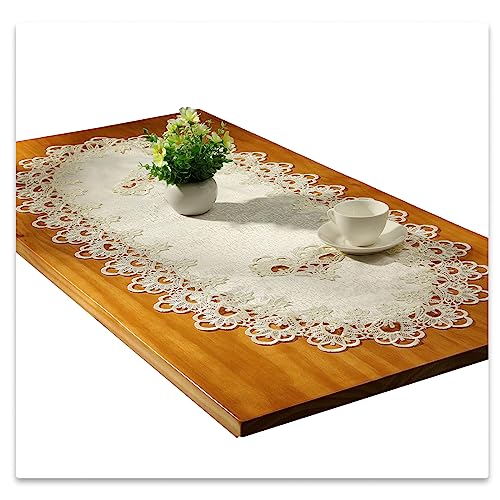 Spitze Oval Tischläufer Gestickte Tischdecke Spitze Deckchen Deckchen Oval Decke Handtuch Für Wohnzimmer Schrank Couchtisch, 40x90cm, Weiß von Fhberni