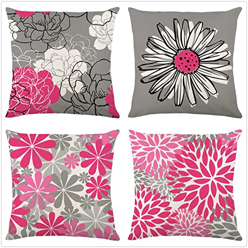 4er Set Kissenbezug 40x40cm Rosa Gänseblümchen Dekokissen Kissenbezüge Sofakissen Leinen Kissenhülle Couch kissen mit verdecktem Reißverschluss Modern Zierkissen kissenhülle für Wohnzimmer Sofa Auto von Fheeao