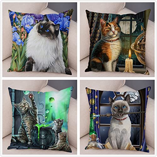 Fheeao 4er Set Kissenbezug 40x40cm Bunte Katze Dekokissen Kissenbezüge Sofakissen Leinen Kissenhülle Couch Kissen mit verdecktem Reißverschluss Modern Zierkissen kissenhülle für Wohnzimmer Sofa Auto von Fheeao