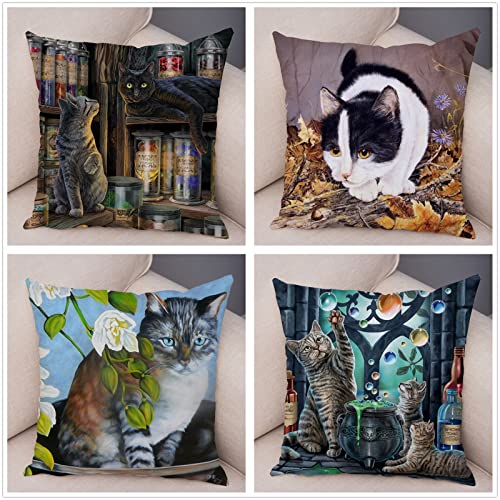 Fheeao 4er Set Kissenbezug 40x40cm Bunte Katze Dekokissen Kissenbezüge Sofakissen Sanft Kissenhülle Couch Kissen mit verdecktem Reißverschluss Modern Zierkissen kissenhülle für Wohnzimmer Sofa Auto von Fheeao