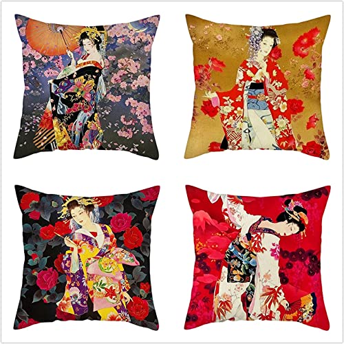 Fheeao Kissenbezug 50x50cm Japanische Frau Sakura 4er Set DekoKissen Sanft Einseitig Couchkissen mit Muster Wohnzimmer Modern Kuschelkissen Sofakissen Zierkissenbezüge kissenhülle für Loungemöbel von Fheeao