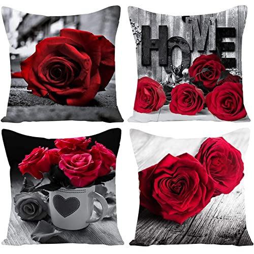 Kissenbezug 40x40cm 4er Set Rote Rosen zum Valentinsta Dekokissen Kissenbezüge Sofakissen Soft Kissenhülle Couch Kissen Mit Verdecktem Reißverschluss Modern Zierkissen Kissenhülle für Wohnzimmer Sofa von Fheeao