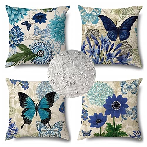 Wasserdichte Kissenbezug 35 x 35 cm 4 Stück Blau Dekorative Pillow Outdoor Kissen Wasserfest Atmungsaktiv Schmetterling Kissenbezug Werden für Sofakissen Garten Deko Schlafzimmer Couchkissen Z-815 von Fheeao