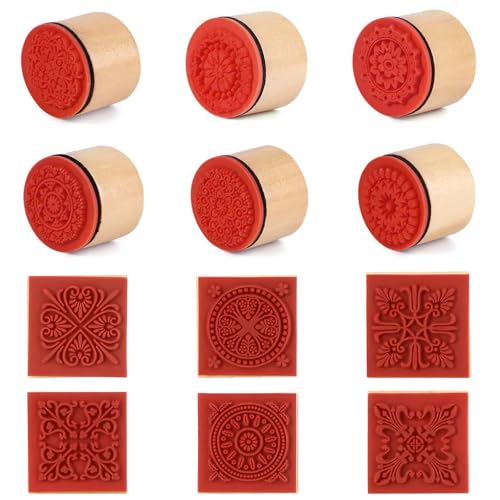 Fhioevt 12 Stück Holzstempel Ton Stempel für Ton und Keramik stempel Blumen Quadratische Stempel Runde Tonstempel für ton Motivstempel Töpferstempel Gummistempel für Scrapbooking Card von Fhioevt