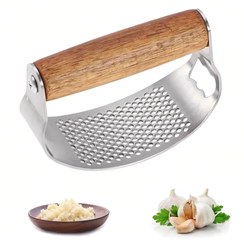 Fhioevt Knoblauchpresse Edelstahl Wippe Knoblauchpressen 2 In 1 Knoblauch Wippe mit Flaschenöffner Rutschfester Knoblauch Presse Holz Griff Knoblauchwippe für Knoblauch Ingwer (Schwarz) von Fhioevt
