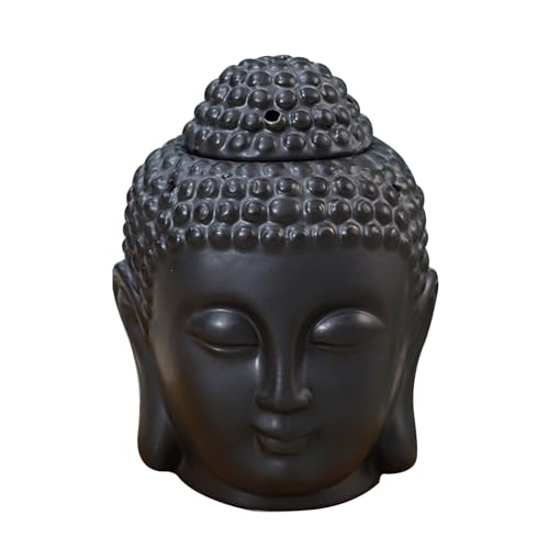 Fhlprte Buddha-Kopf Räuchergefäß, Keramik Aromatherapie Ölbrenner, 3.93 * 3.93 * 5.51 in,Hohl-Aromatherapie Ofen,Öl Kerzenbrenner,Buddha Head Duftlampen,für Yoga oder Meditationsraum (Schwarz) von Fhlprte