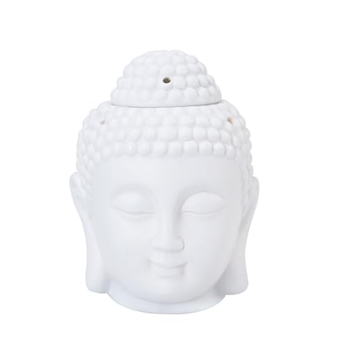 Fhlprte Buddha-Kopf Räuchergefäß, Keramik Aromatherapie Ölbrenner, 3.93 * 3.93 * 5.51 in,Hohl-Aromatherapie Ofen,Öl Kerzenbrenner,Buddha Head Duftlampen,für Yoga oder Meditationsraum (Weiß) von Fhlprte