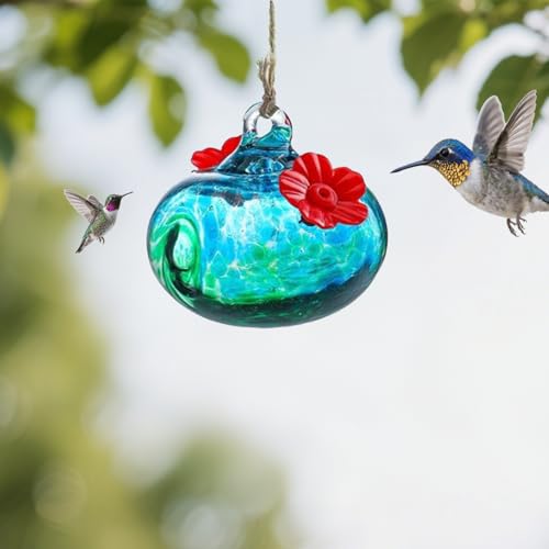 Fhlprte Kolibri-Futterstation aus geblasenem Glas, Kleiner Kolibri-Futterspender mit Blumenfütterungsöffnungen,2Futteröffnungen, 2.8 * 3.2in für Zuhause, Fenster, Garten, Dekoration (Blau) von Fhlprte