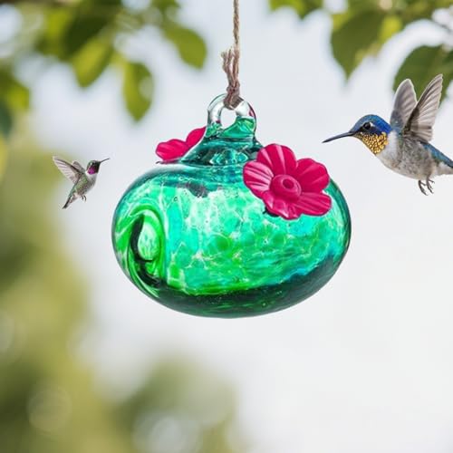 Fhlprte Kolibri-Futterstation aus geblasenem Glas, Kleiner Kolibri-Futterspender mit Blumenfütterungsöffnungen,2Futteröffnungen, 2.8 * 3.2in für Zuhause, Fenster, Garten, Dekoration (Grün) von Fhlprte