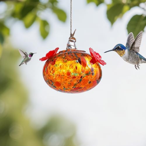 Fhlprte Kolibri-Futterstation aus geblasenem Glas, Kleiner Kolibri-Futterspender mit Blumenfütterungsöffnungen,2Futteröffnungen, 2.8 * 3.2in für Zuhause, Fenster, Garten, Dekoration (Orange) von Fhlprte