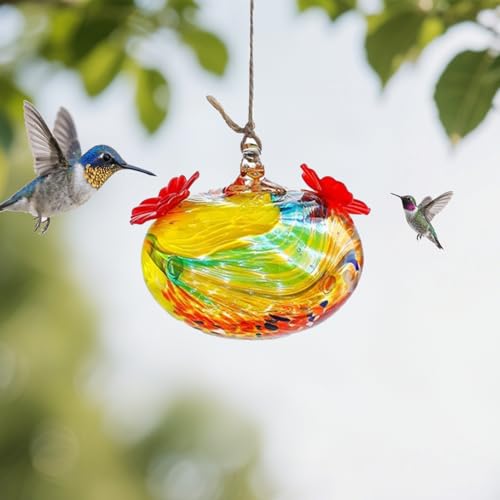 Fhlprte Kolibri-Futterstation aus geblasenem Glas, Kleiner Kolibri-Futterspender mit Blumenfütterungsöffnungen,2Futteröffnungen, 2.8 * 3.2in für Zuhause, Fenster, Garten, Dekoration (Rot) von Fhlprte