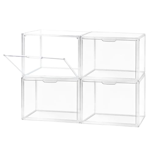 Transparente stapelbare Kunststoff Aufbewahrungsboxen mit magnetische Tür, Staubdichte Aufbewahrung Vitrine Schaukasten für Figuren, Kosmetik, Schuhe, Bücher und Handtaschen (36x22x27cm,4er-Set) von Fhmidic