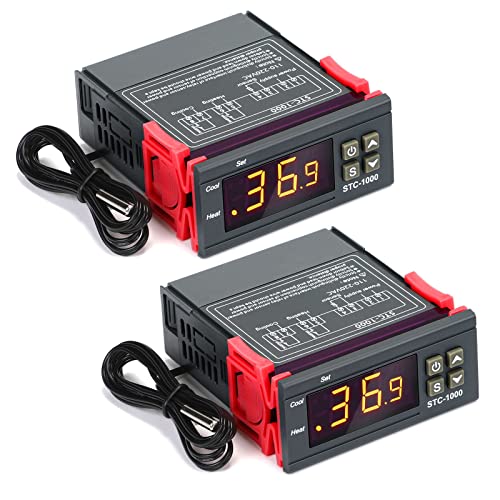 Fiada 2 Stück STC-3008 AC 110V-220V Digitaler Temperaturregler Celsius Thermostat Allgemein Digital Thermostat Temperaturwächter mit Sensor 2 Relaisausgang für Fermentation Heizung Kühlung (STC-1000) von Fiada