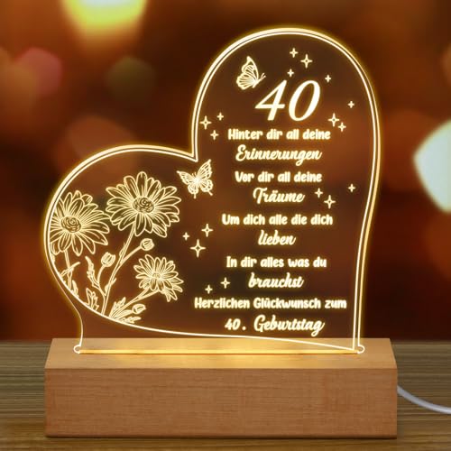Fiada Geburtstag Frau Mann Geburtstagsgeschenke für 40 Acryl Nachtlicht mit Gravur 40. Geburtstag für Ehefrau Mama Freunde Ehemann Mutter Geschenkideen (40. Geburtstag) von Fiada