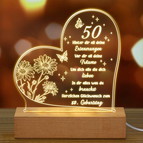 Fiada Geburtstag Frau Mann Geburtstagsgeschenke für 50 Acryl Nachtlicht mit Gravur 50. Geburtstag für Ehefrau Mama Freunde Ehemann Mutter Geschenkideen (50. Geburtstag) von Fiada