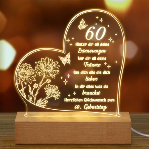 Fiada Geburtstag Frau Mann Geburtstagsgeschenke für 60 Acryl Nachtlicht mit Gravur 60. Geburtstag für Ehefrau Mama Freunde Ehemann Mutter Geschenkideen (60. Geburtstag) von Fiada