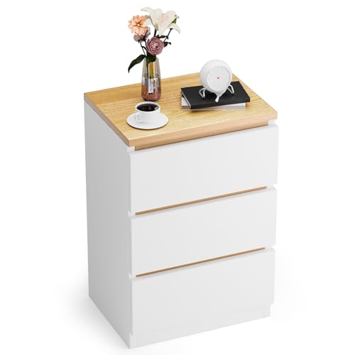 Fiauli Bedside Table 40 x 30 x 59cm, Bedroom Nightstand, Rustic End Table with 3 Drawers, Couch Table Wooden Bedside Table for Living Room (Weiß) von Fiauli