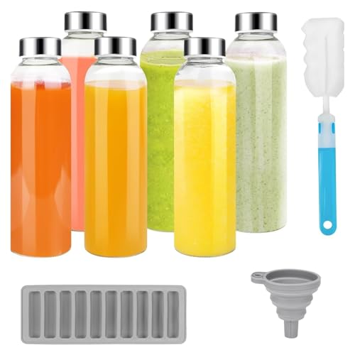 Fiauli Lecksehelte Glasflasche für Smoothies-Saft mit Edelstahlkappe 6pcs Flaschen Set 500 ml nachfüllbare klare Wasserkappen Design Nussmilch Kombucha 6pcs von Fiauli