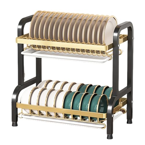 Fiauli Zweistufiger Küchenorganisator Storage Rack 2-Tier Dish Bowl Drainer Arbeitsplatte Tischgeschirr Multifunktionales Regal-Raumsparungs-Trocknerbecherhalter für Schwarz golden von Fiauli