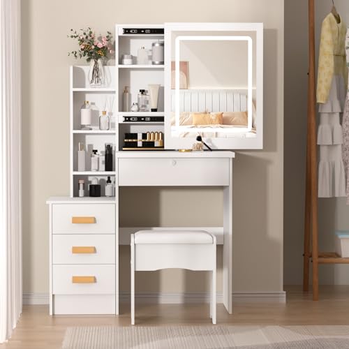 Schminktisch mit Beleuchtung,Schminktisch mit Schiebespiegel und Beleuchtung,Schlafzimmer-Schminktisch,weißer Schminktisch mit 4 Schubladen,Regalen und Hocker,versteckter Stauraum Schminktisch mit Beleuchtung,Schminktisch mit Schiebespiegel und Beleuchtung,Schlafzimmer-Schminktisch,weißer Schminktisch mit 4 Schubladen,Regalen und Hocker,versteckter Stauraum von Fiauli