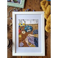 A5 Kunstdruck - Herbst Tisch Gemütliche Strick Illustration von FibreValleyArt
