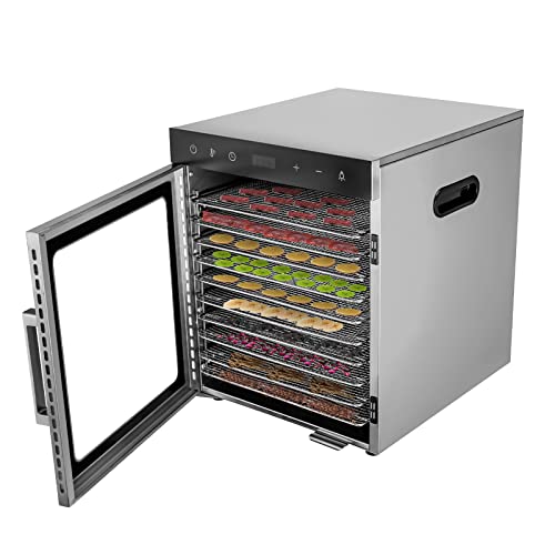 Fichiouy Dörrautomat Edelstahl mit 10 Edelstahlgitter, 30°- 90°C Temperaturregelung, 24 Stunden Timer, Dörrgerät Dehydrator Obsttrockner Dörrapparat, Obst Fleisch Pilze, 800 W, LED Beleuchtung von Fichiouy