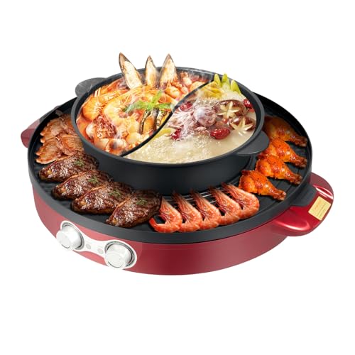 Fichiouy Elektrischer Grill und Fondue Set 220V 2200W 2-in-1 Antihaft-Beschichtung Hot Pot mit Grillplatte 44cm Durchmesser für Fondue BBQ Hotpot Familienfeiern Partys (Rot) von Fichiouy