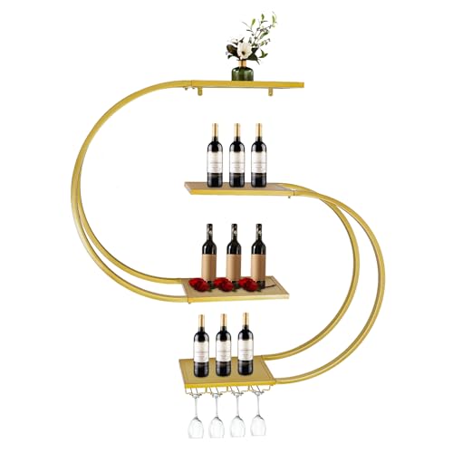 Fichiouy Weinregal Wand Metall, Wandmontage Wine Display-Ständer mit Gläserhalter, 4-stöckige Weinregal Metall, für Bars, Wohnzimmer, Küche, Restaurant, 120x20x120cm (Gold) von Fichiouy