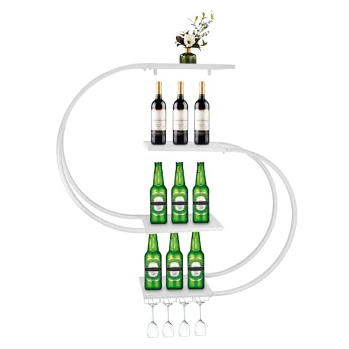 Fichiouy Weinregal Wand Metall, Wandmontage Wine Display-Ständer mit Gläserhalter, 4-stöckige Weinregal Metall, für Bars, Wohnzimmer, Küche, Restaurant, 120x20x120cm (Weiß) von Fichiouy